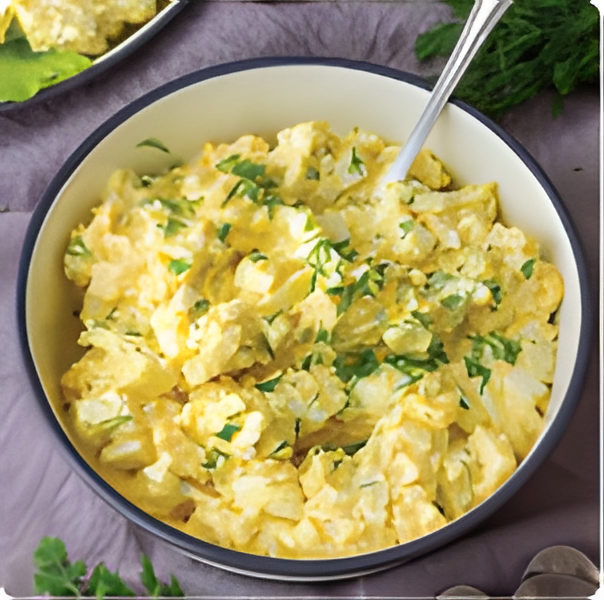 A photo of a dish of egg salad.